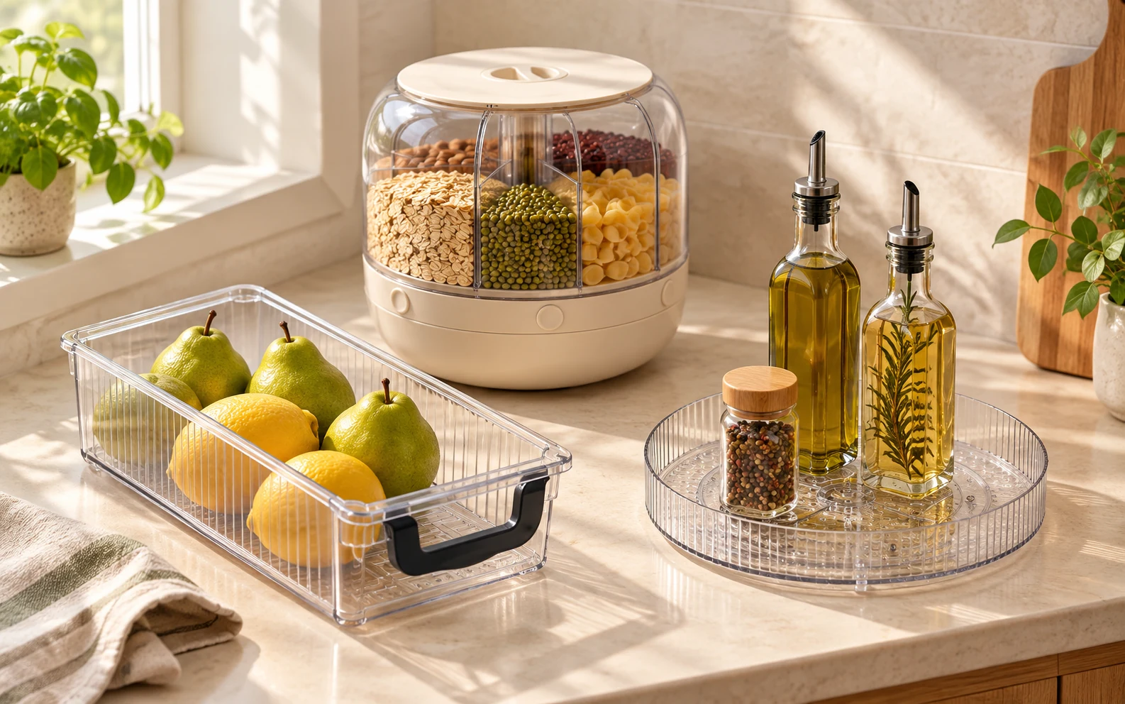 Pantry dispenser, clear storage bin and turntable in a warm kitchen
