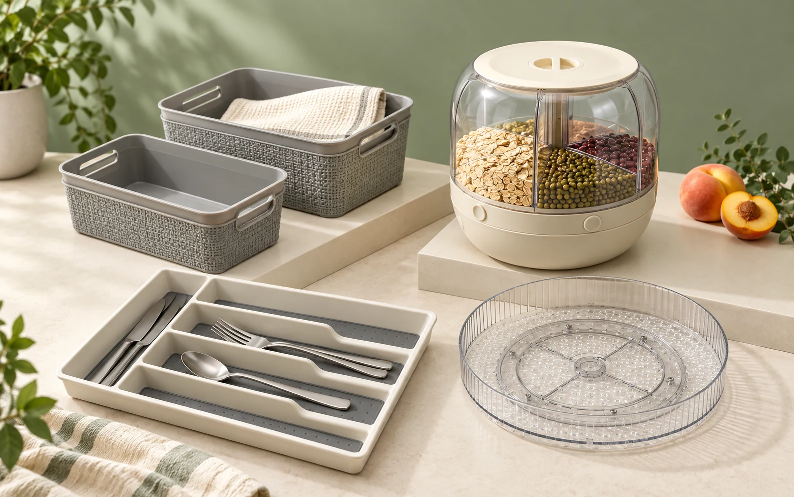 Storage baskets, pantry dispenser, cutlery tray and clear turntable