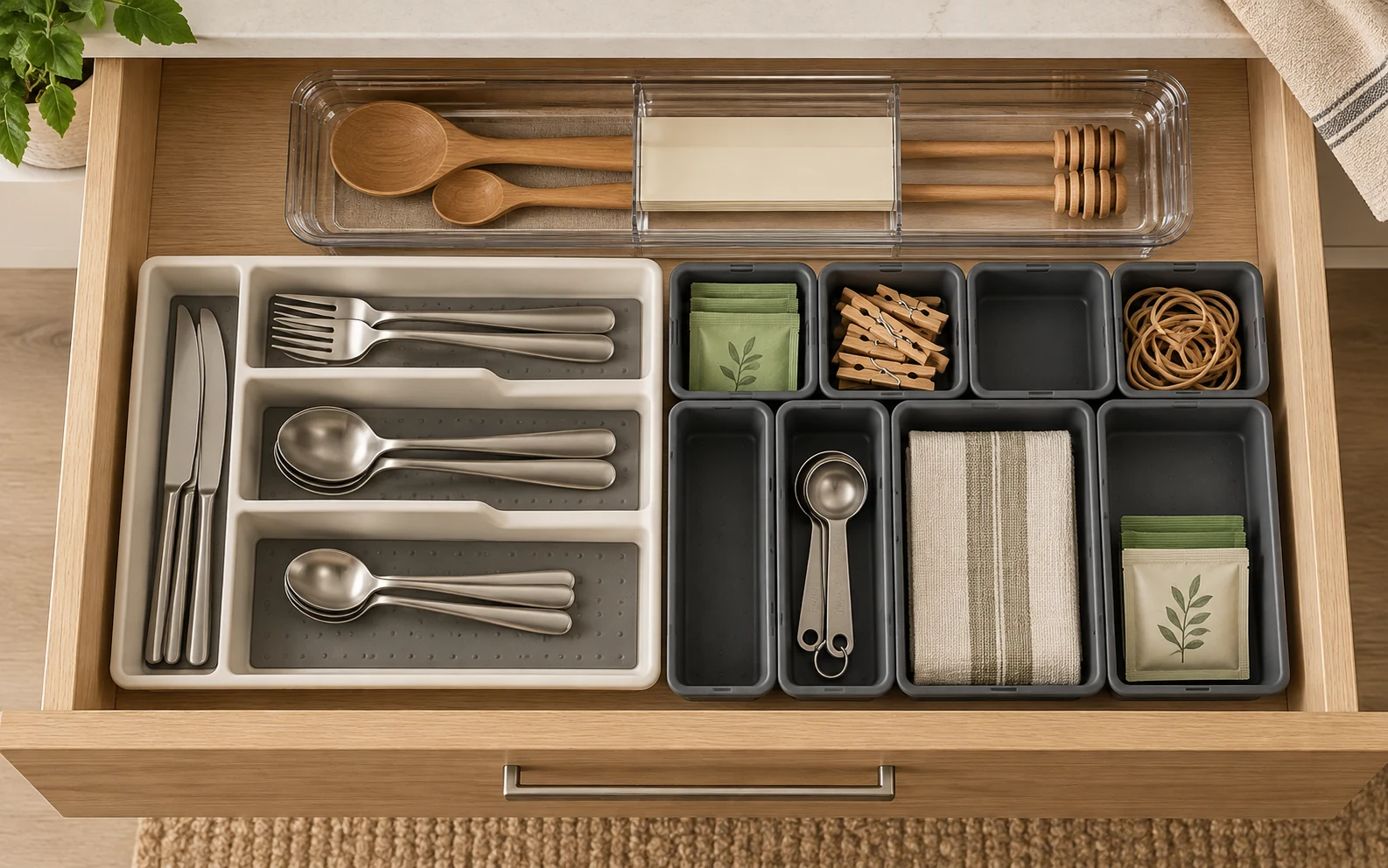 Cutlery and modular organizer trays arranged inside a kitchen drawer