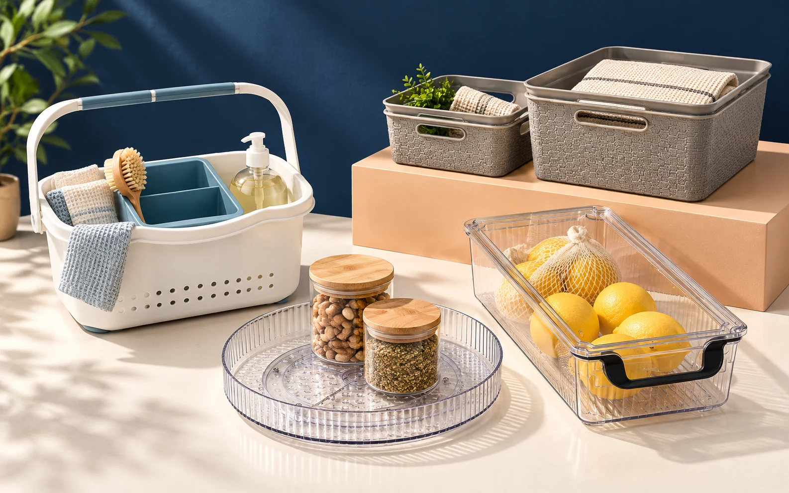 Portable caddy, storage baskets and clear organizers against a navy backdrop
